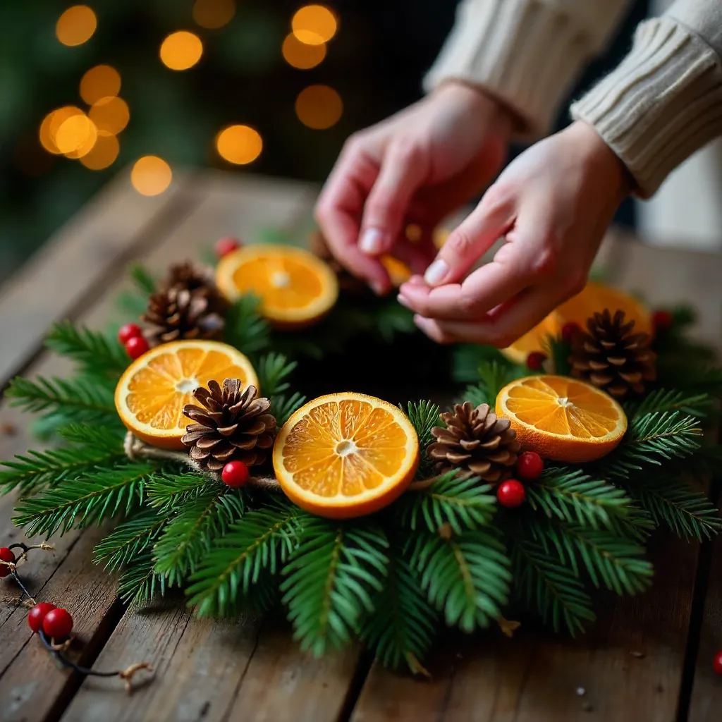Hands Decorating a Christmas Wreath with Oranges