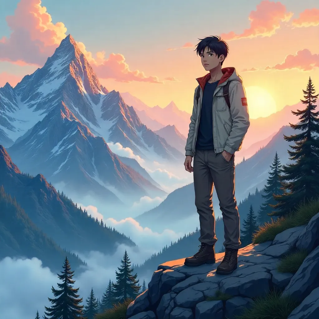 Handsome Asian Man in Anime Mountains at Dawn