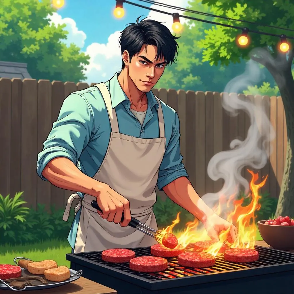 Confident Asian Man Grilling in Anime Style