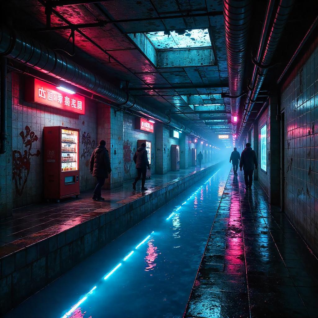 Neon River Through a Subterranean Subway Station