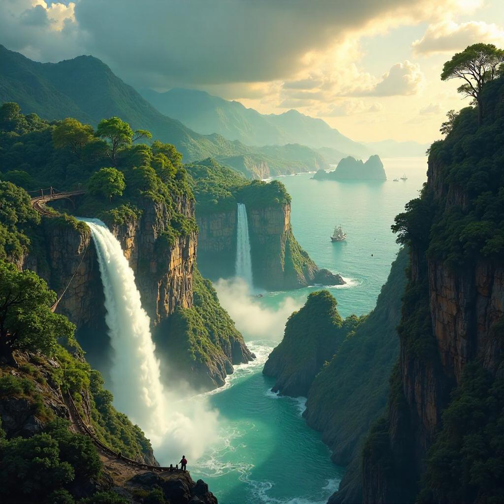 Archipelago Concept Art by a Majestic Waterfall