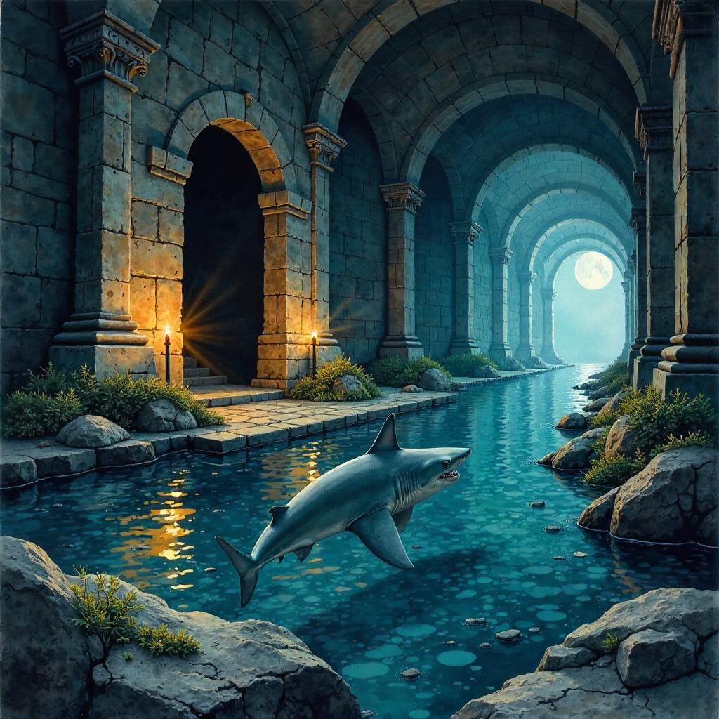 Shark in a Moonlit Crypt Watercolor