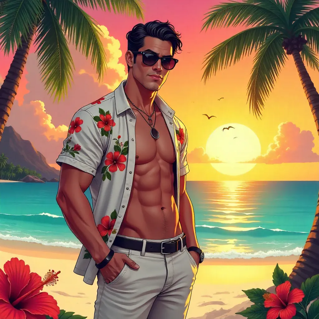 Confident Latino Hero in a Tropical Paradise (Anime)