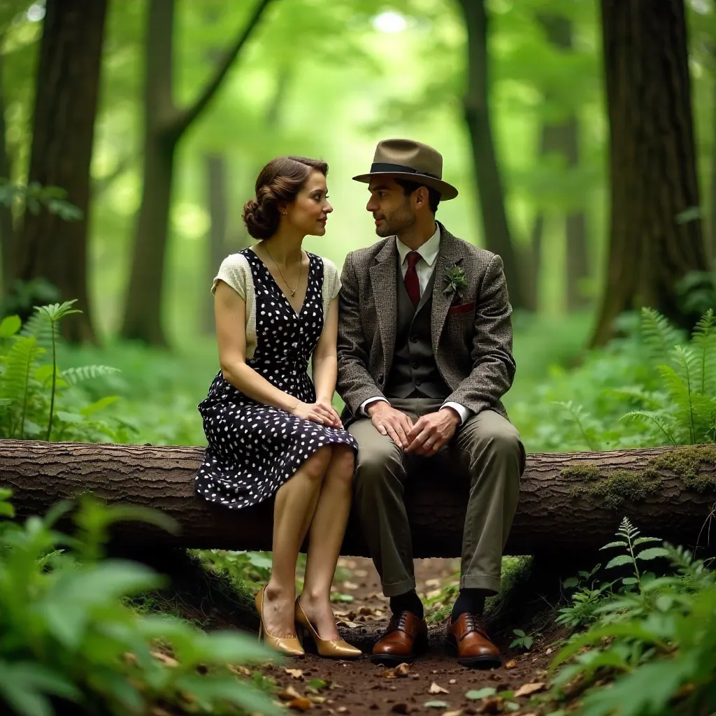 Vintage Forest Couple on Log Benches
