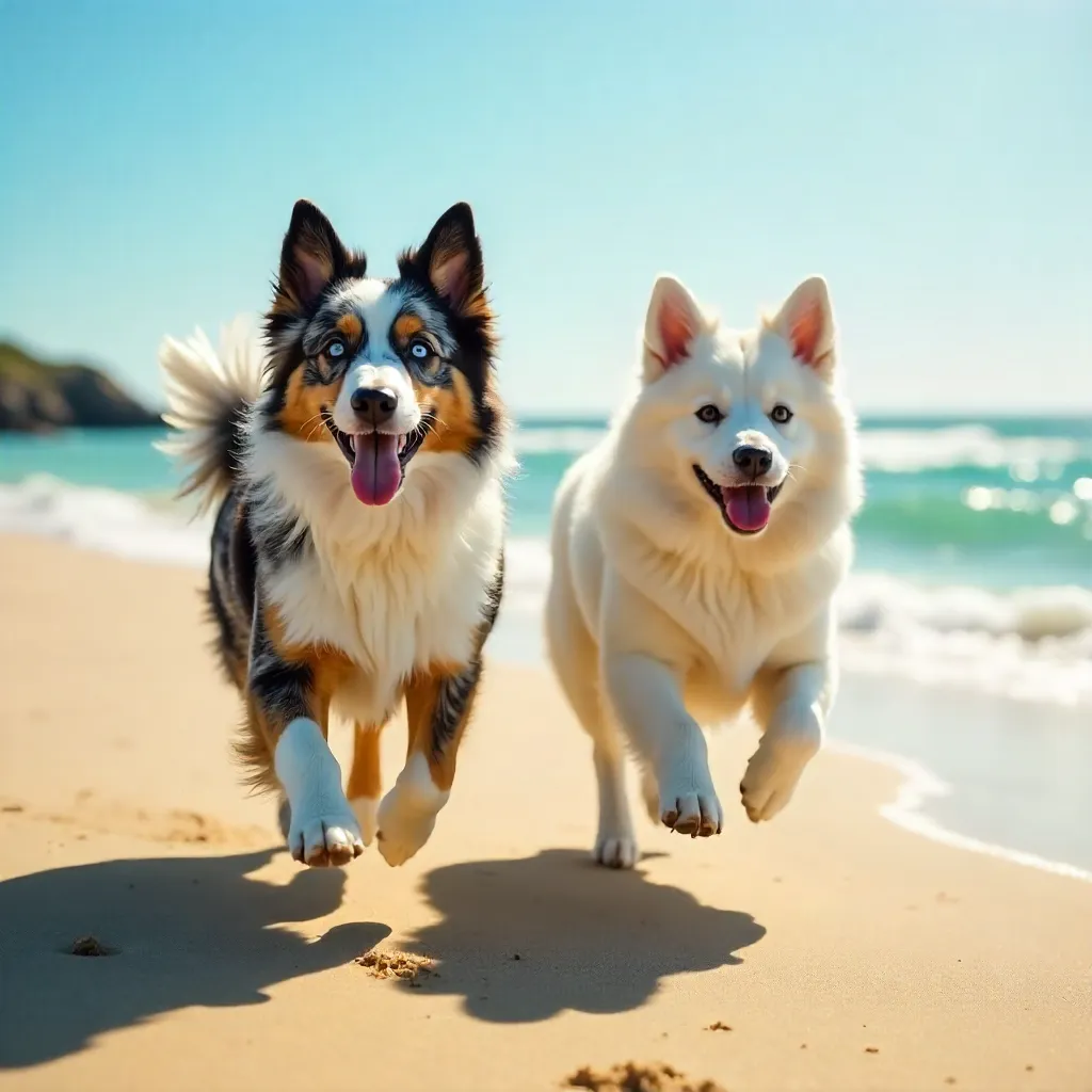 Joyful Aussie Shepherd and Samoyed on a Sandy Beach