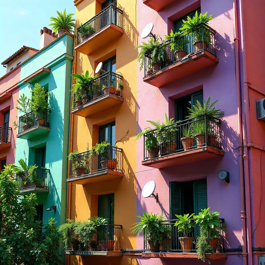 Vibrant Apartment Facade with Plant-Laden Balconies