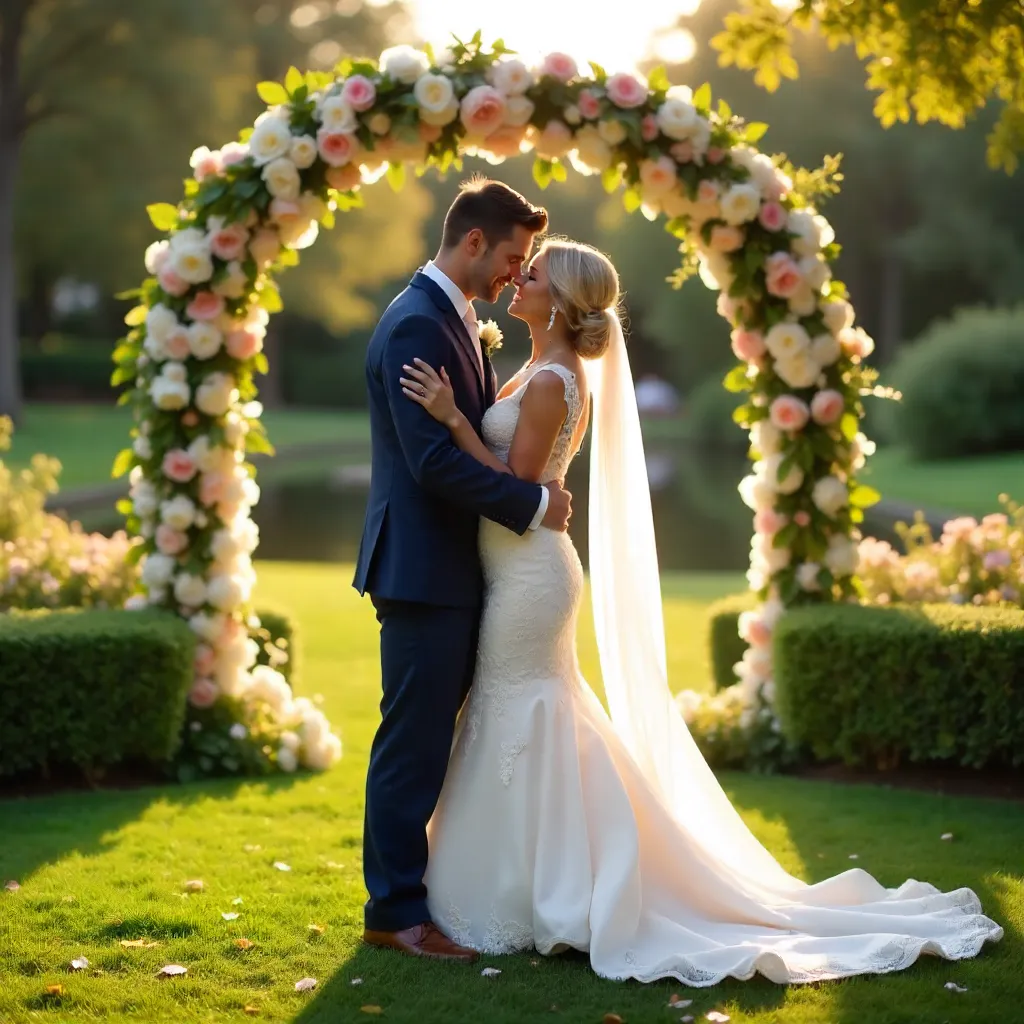 Serene Outdoor Wedding Embrace at Golden Hour