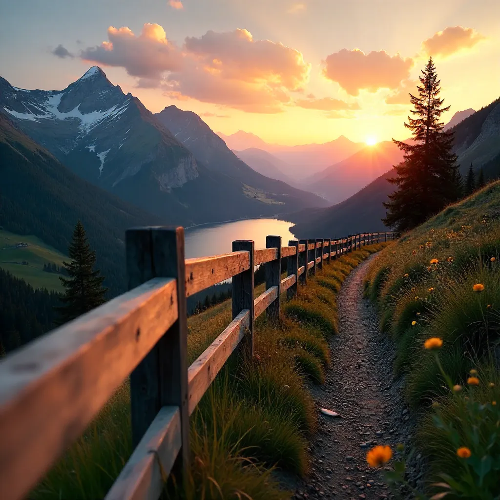 Fence-Framed Mountain Sunset: Tranquil Travel Vista