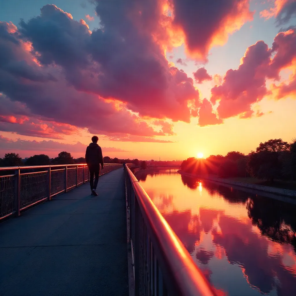Lone Figure on a Sunset Bridge