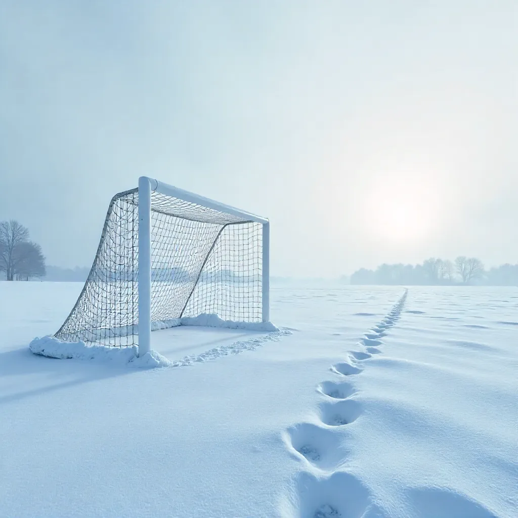 Lone Soccer Goal in a Snowbound Field