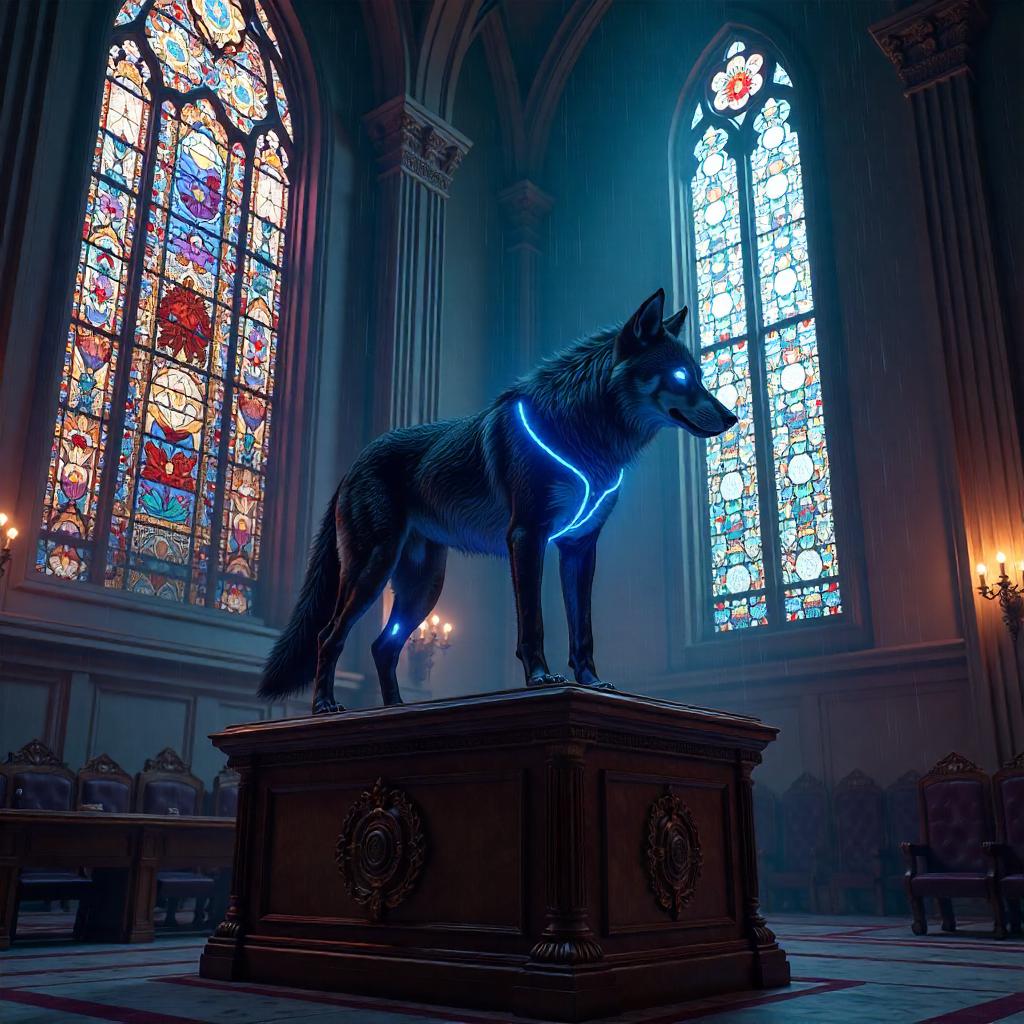 Neon Wolf in a Cyberpunk Synagogue