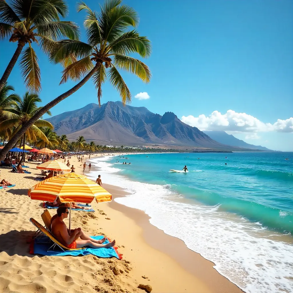 Vibrant Canary Islands Beach with Sunbathers and Mountains