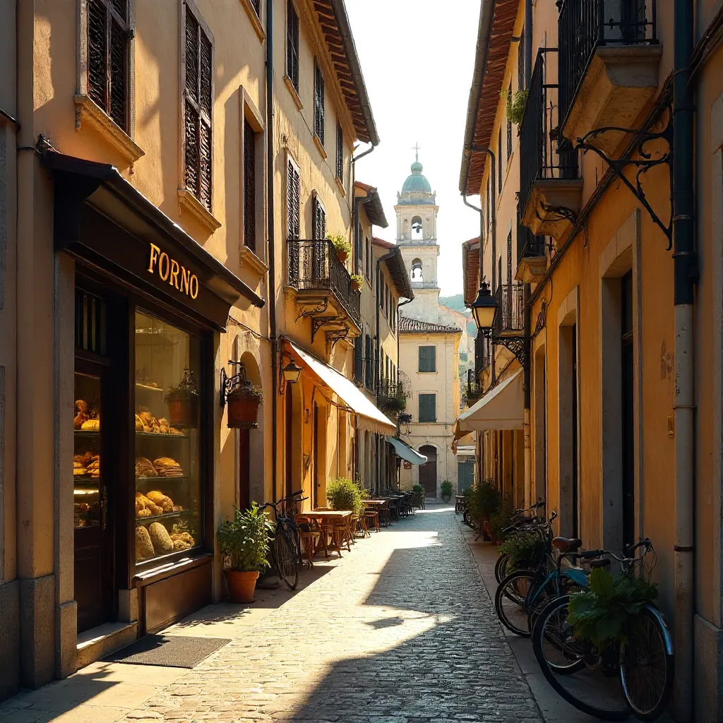 Sunlit Italian Street: FORNO Sign and Urban Charm