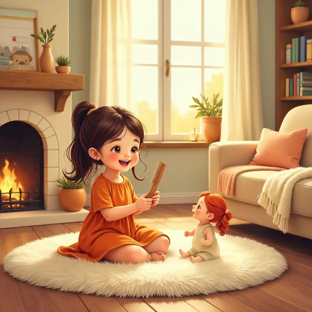 Cheerful Child in an Orange Dress Playing with a Doll in a Cozy Room
