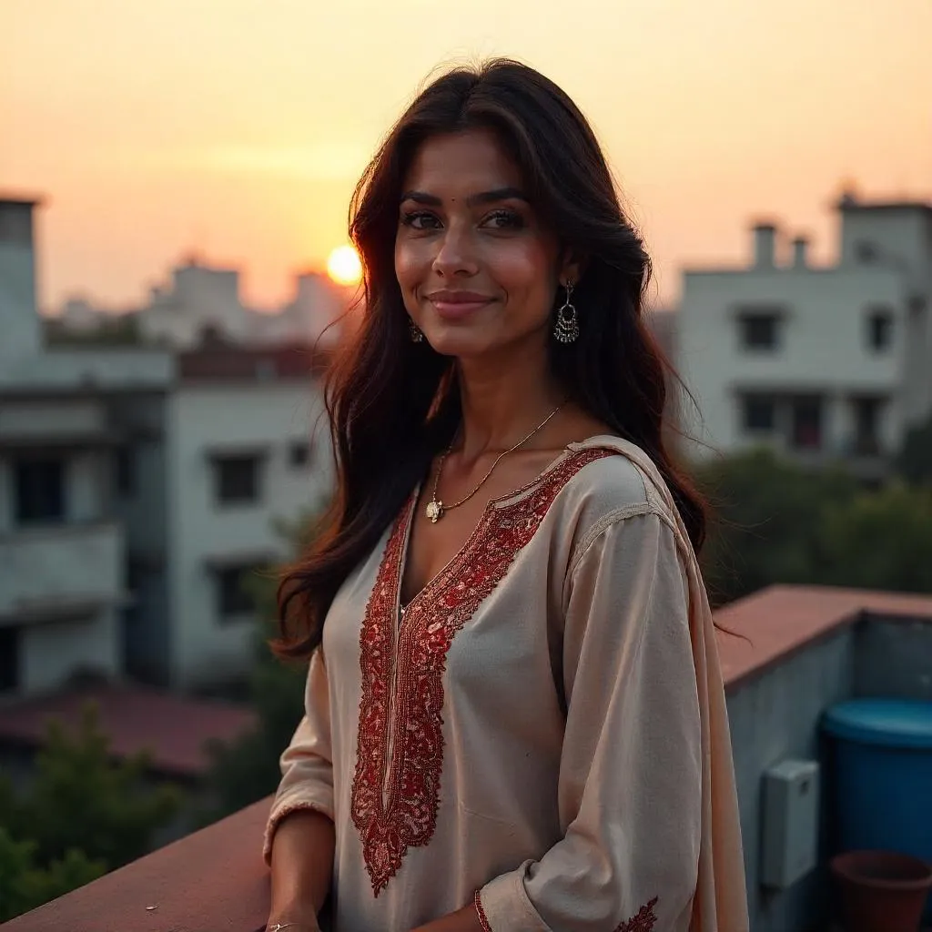 Photorealistic Indian Woman on Rooftop