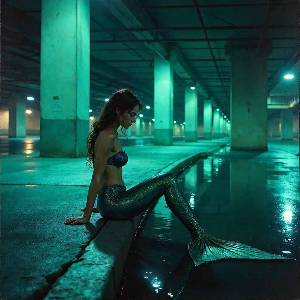Mermaid in a Neon Parking Garage Oil Painting