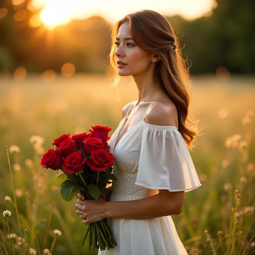 Dreamy Outdoor Portrait of a Woman in White with Red Roses