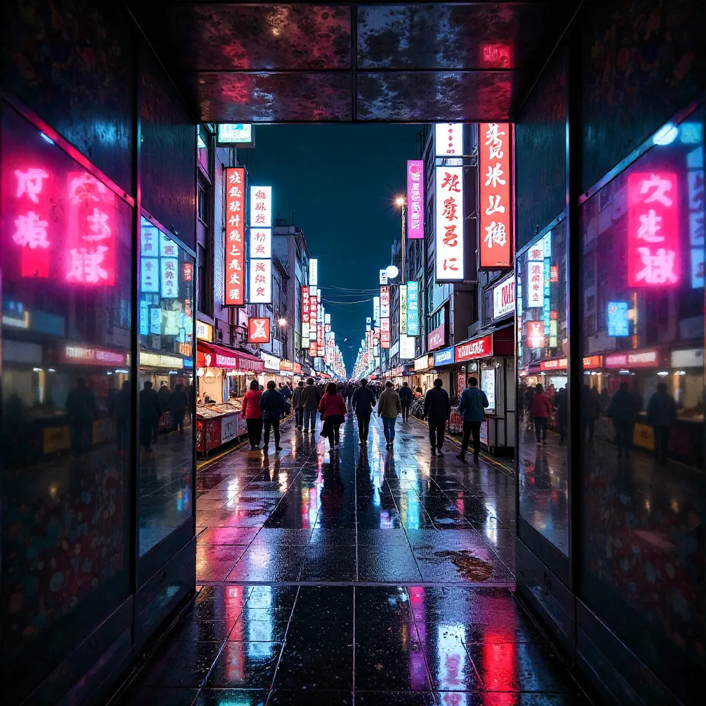 Kaleidoscopic Tokyo Street Through Glass Portal