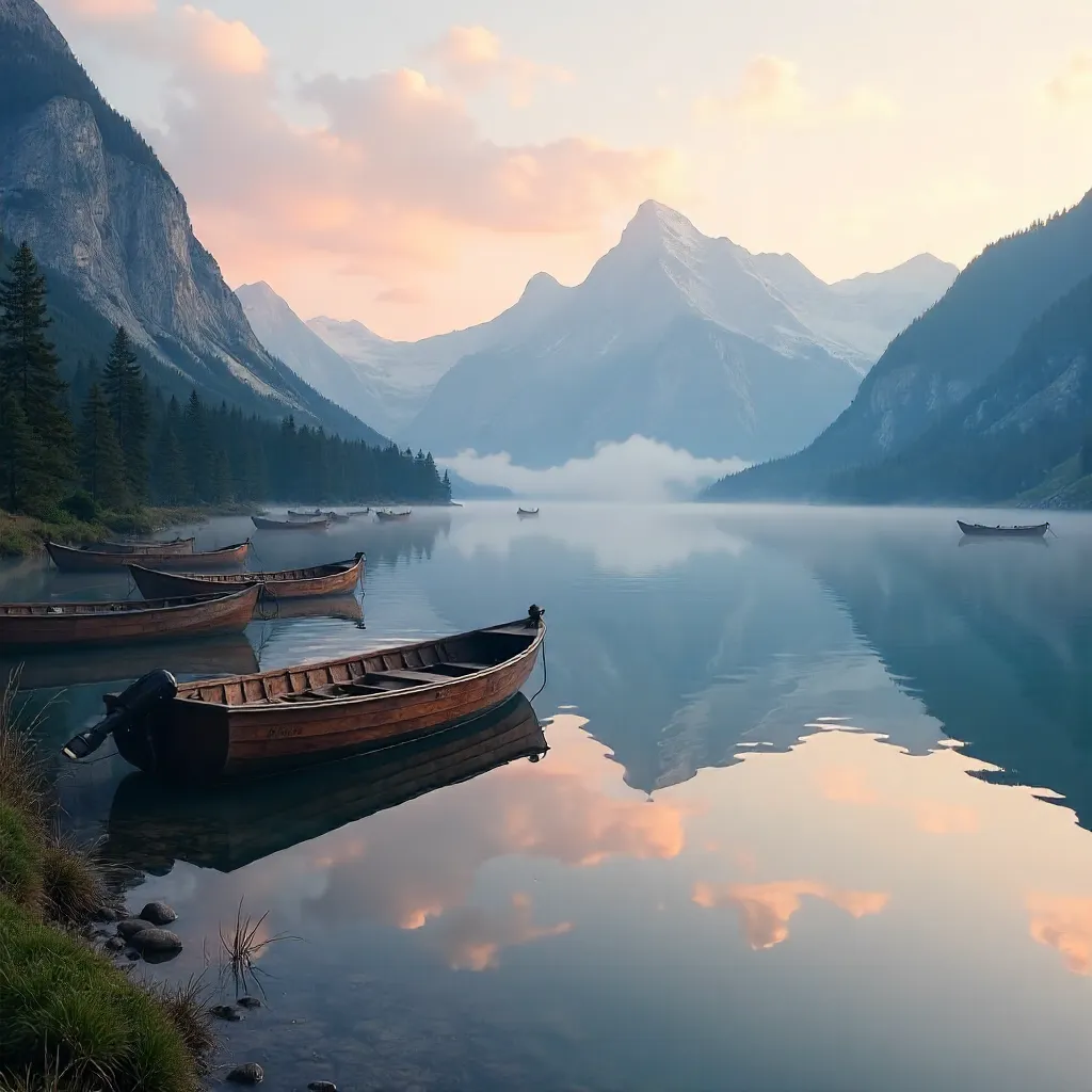 Dawn on Covered Boats at Mountain Lake