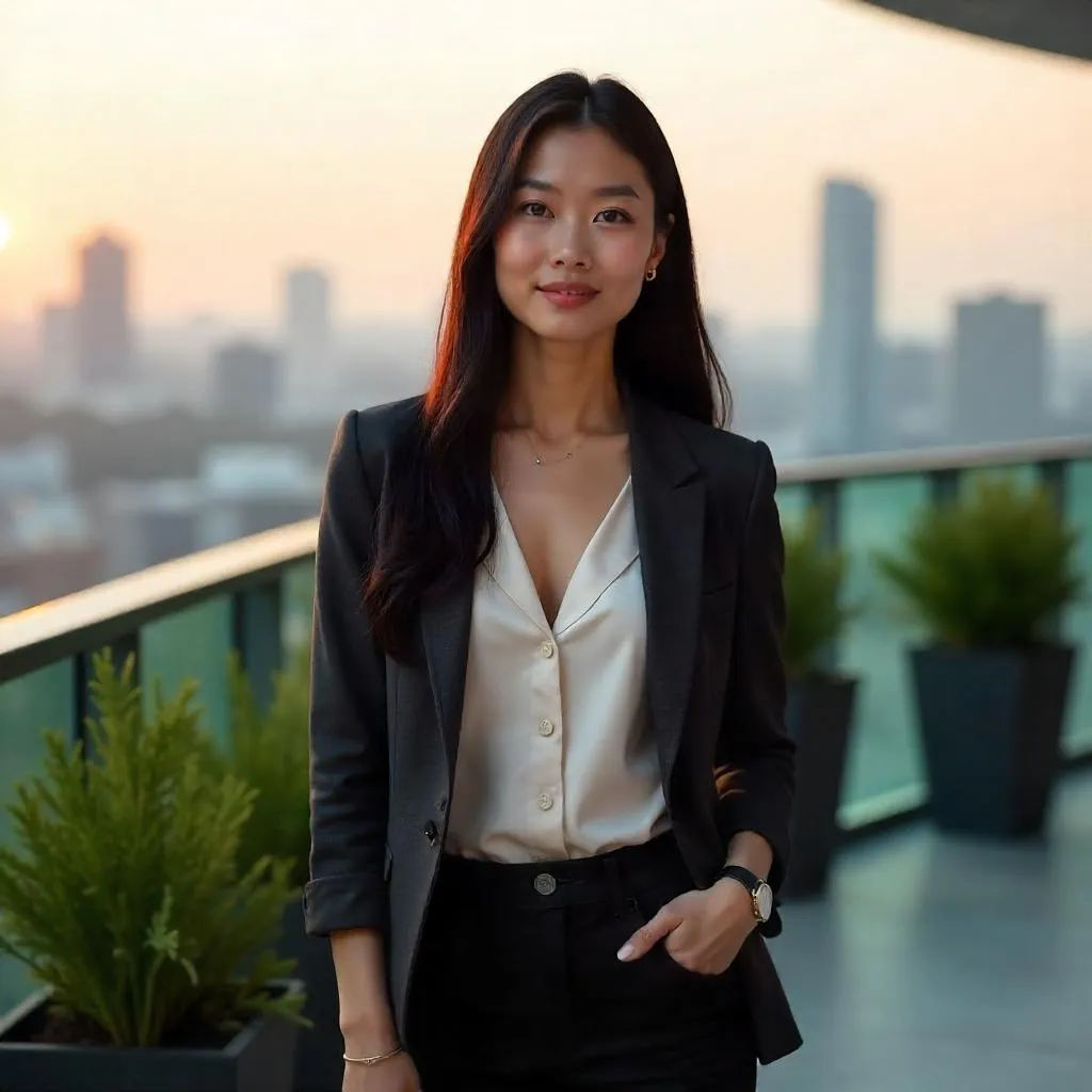 Confident Asian Woman on a Terrace – Photoreal Portrait