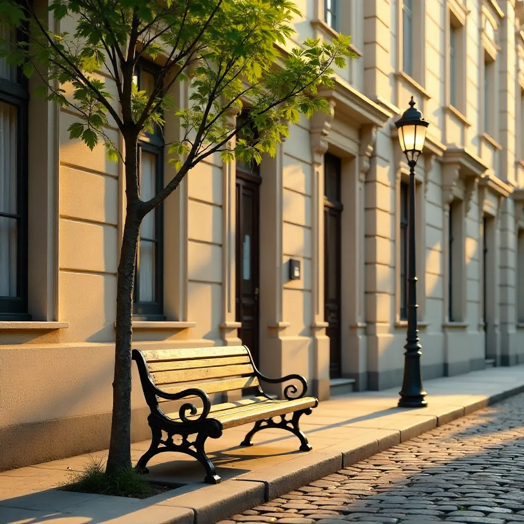 Quiet Street: Lamppost, Tree, and Elegant Facade