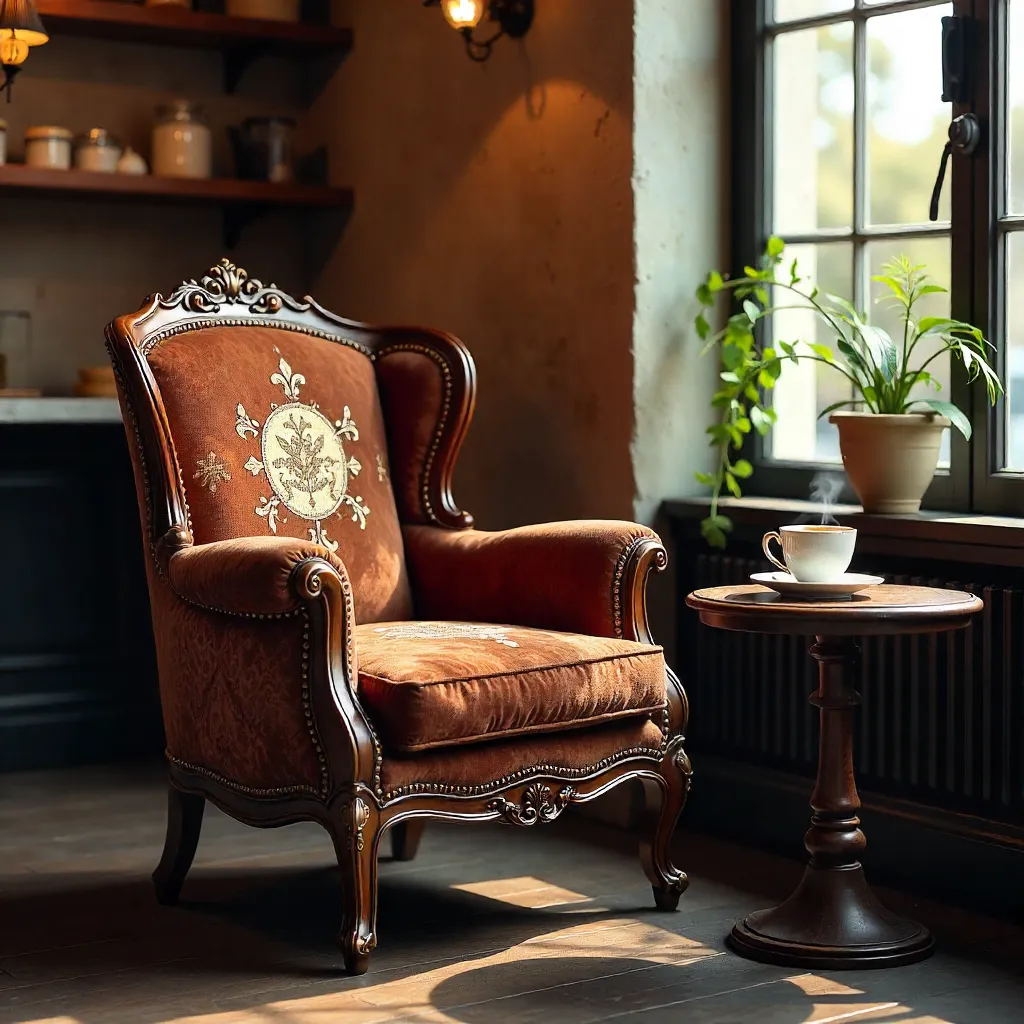 Elegant Vintage Coffee-Themed Chair in Cozy Café Corner