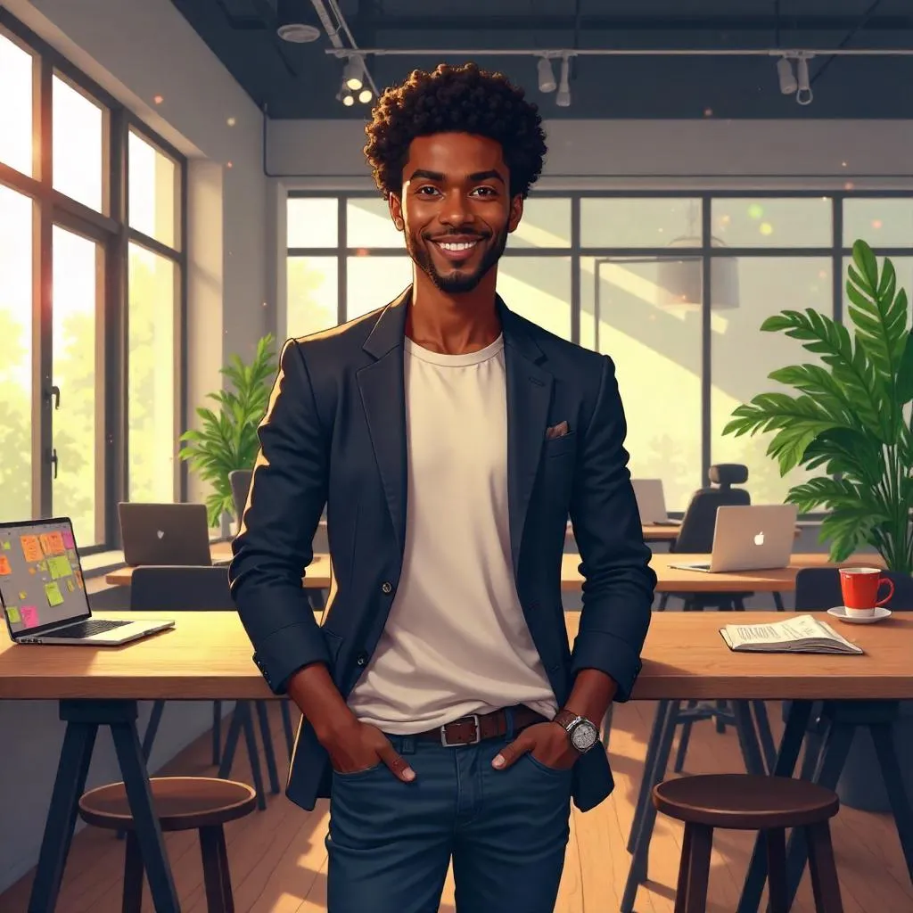 Handsome Black Man in an Anime Coworking Space