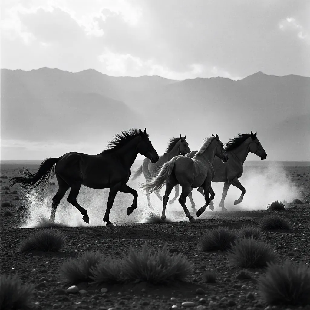 Black and White Wild Horses in Rain overXinjiang Deserts