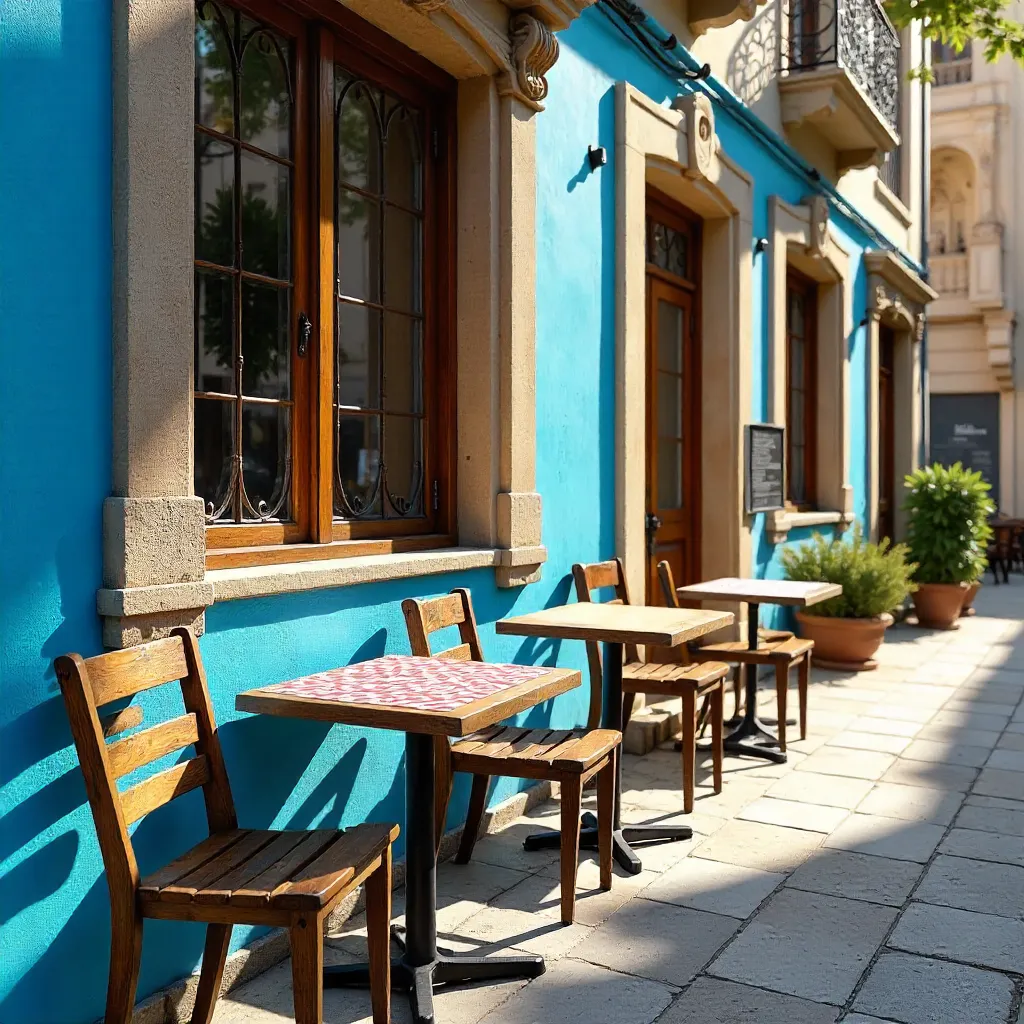 Sunlit Outdoor Café with Blue Wall and Ornate Windows