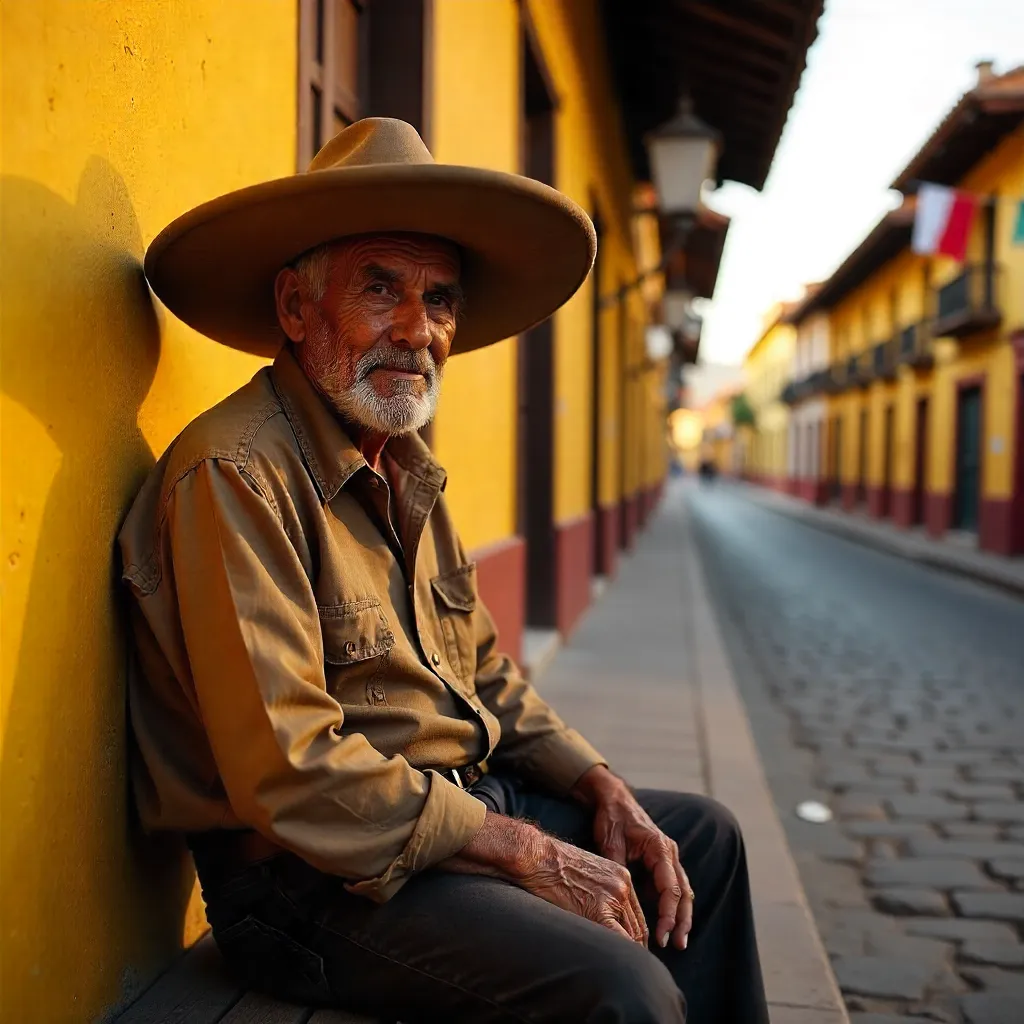 Senior Man on a Bench by a Yellow Puebla Wall