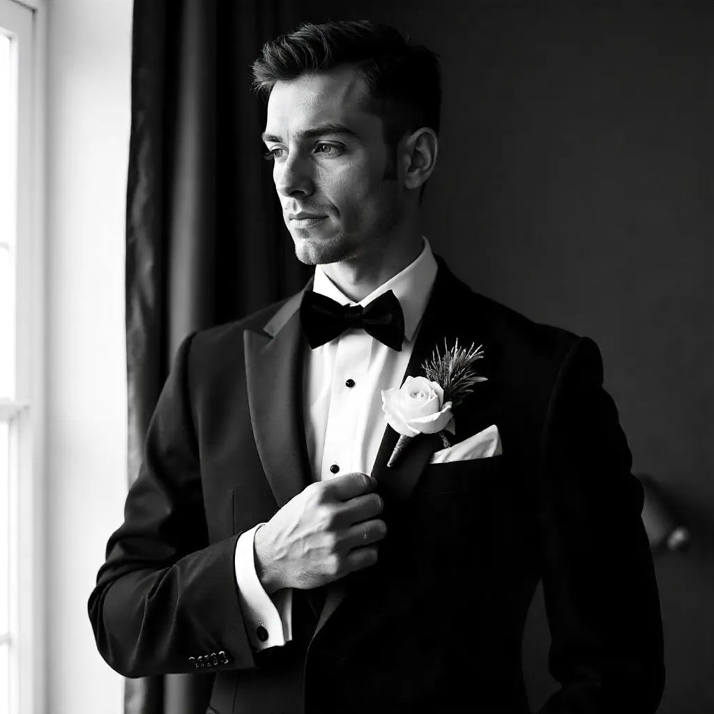 Timeless Groom Portrait Adjusting the Boutonniere