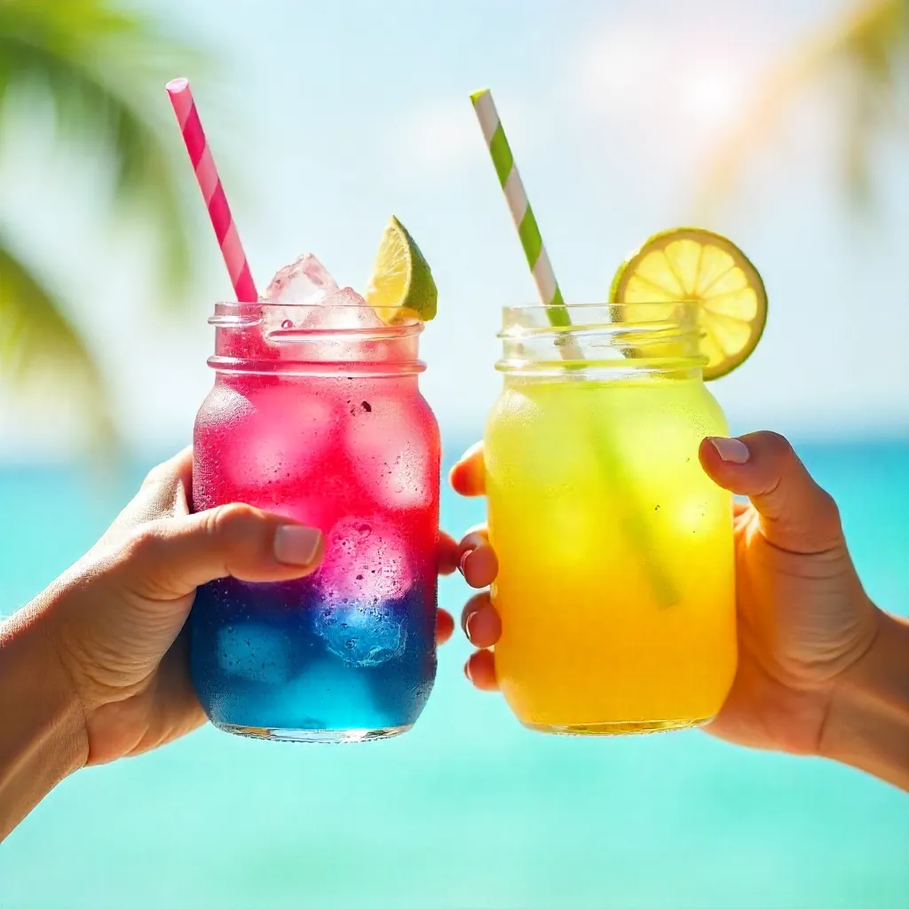 Two Hands Holding Colorful Iced Drinks in Glass Jars