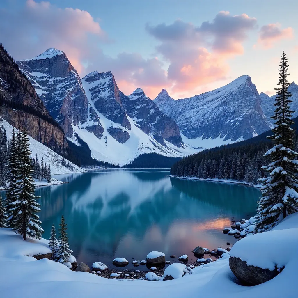 Twilight Splendor: Snow-Capped Banff Mountains at Dusk