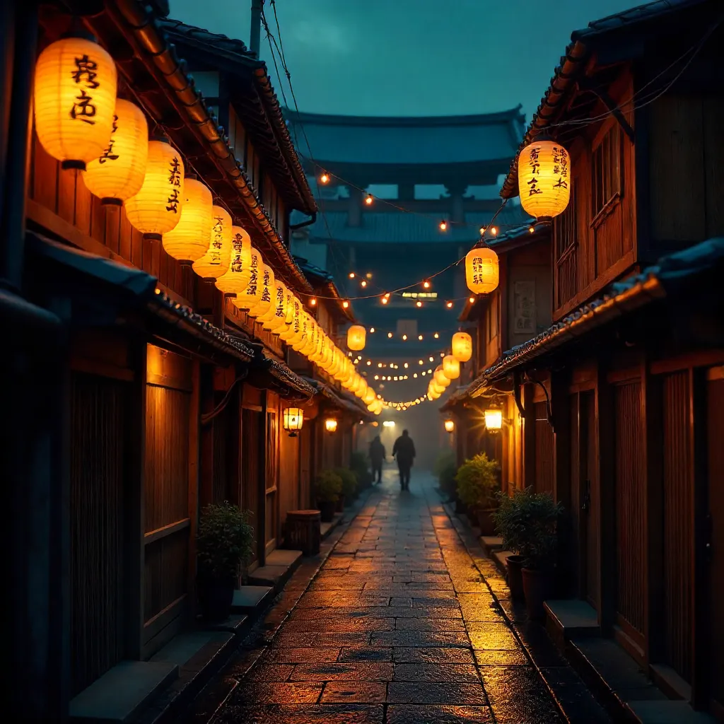 Kanji-Lit Lanterns in Kyoto Night
