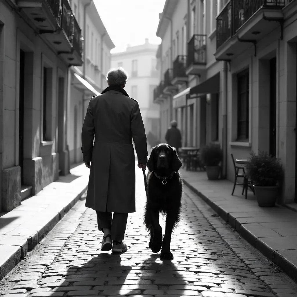 Monochrome Walk: Irish Setter on a French Cobblestone Street