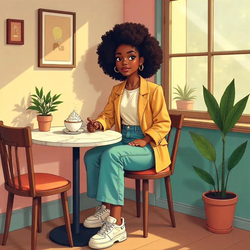 Stylish Black Girl in a Cozy Cartoon Café