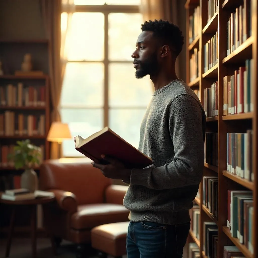 Photorealistic Young Black Man Browsing a Bookstore