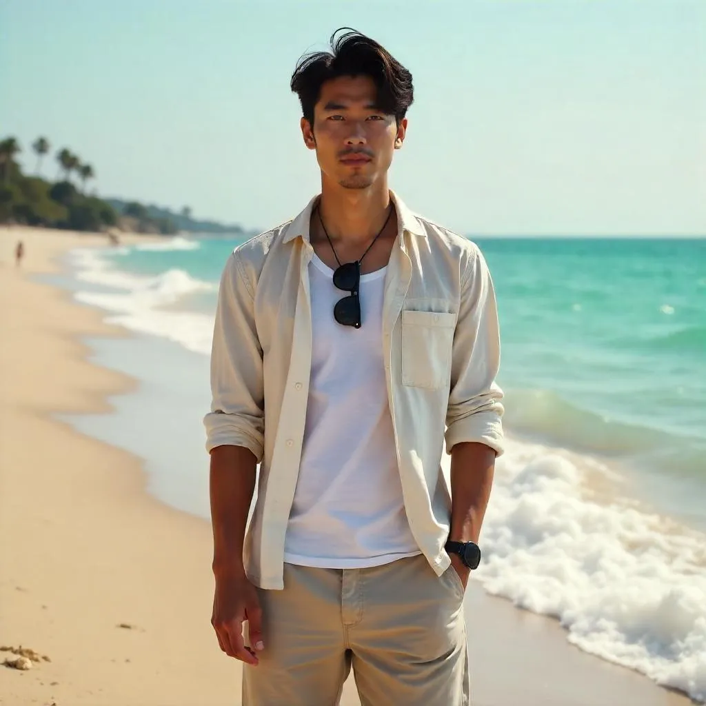 Sunlit Beach Portrait of a Young Asian Man
