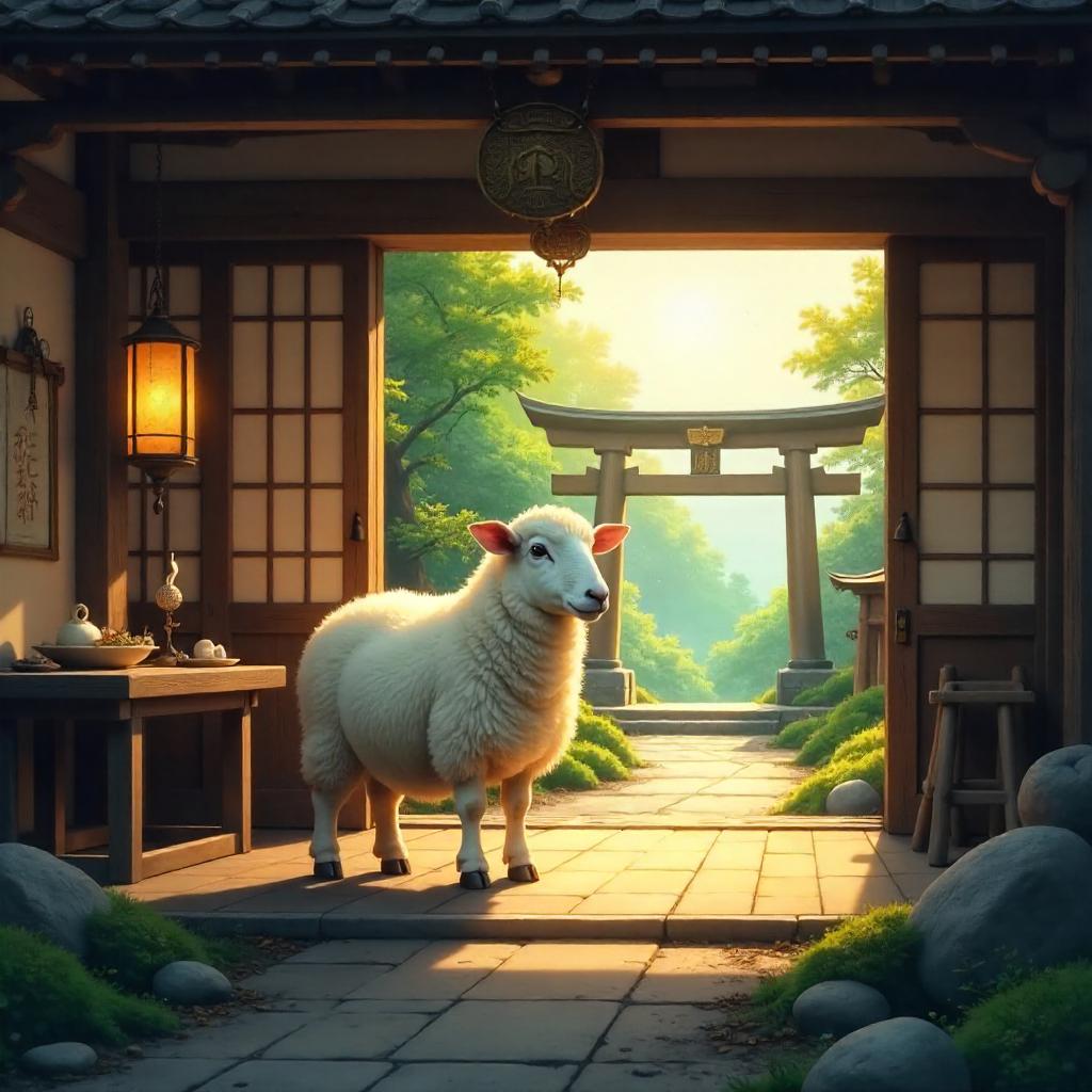 Sheep in a Serene Shrine: Digital Art
