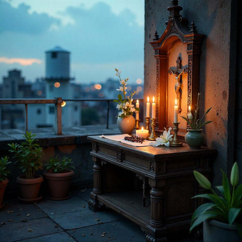 Photorealistic Rooftop Altar at Dusk