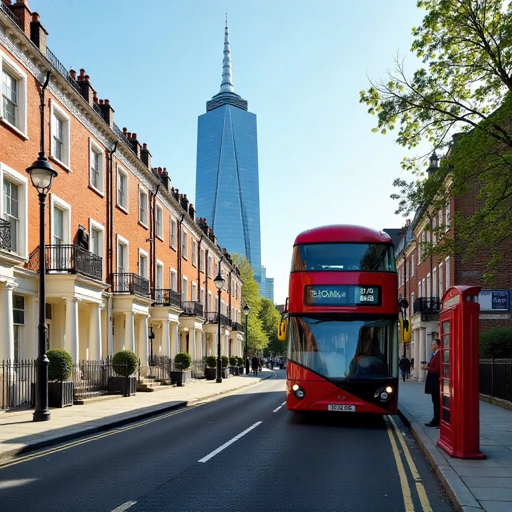 Sunlit London Street Scene with Red Bus