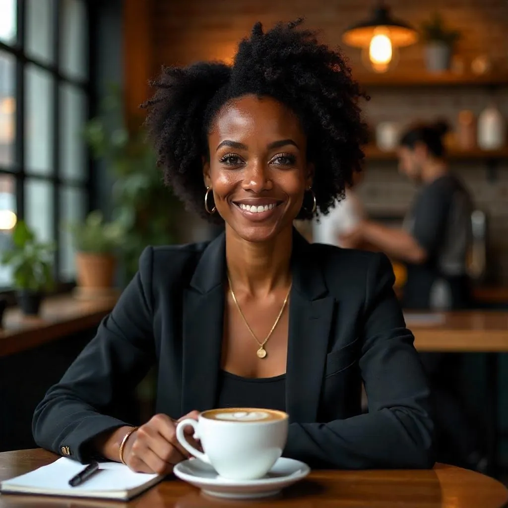 Confident Black Woman in a Cozy Café — Photorealistic Portrait
