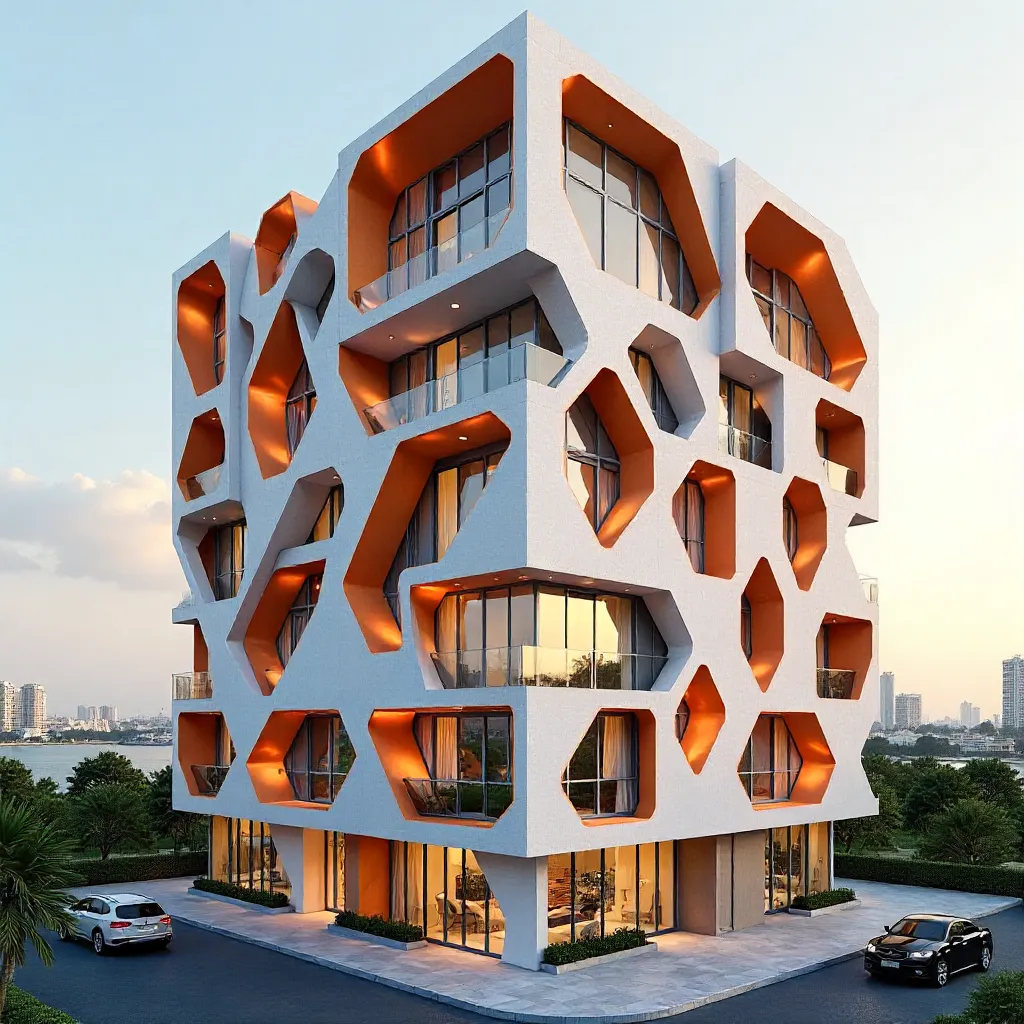 Geometric Dubai Facade with Orange Accents
