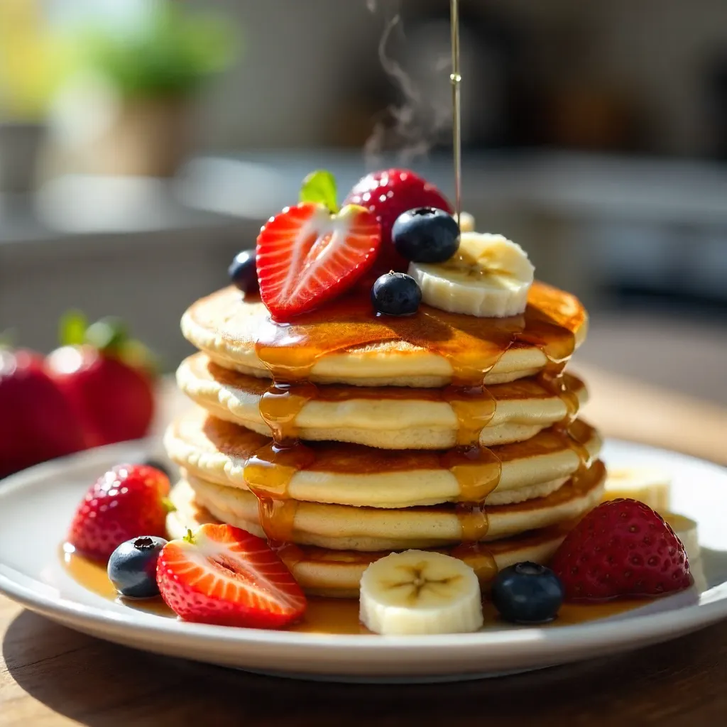 Sunlit Pancake Stack with Fresh Berries