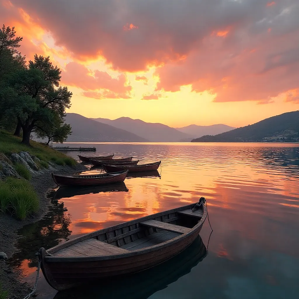 Serene Lake Ohrid Sunset with Boats