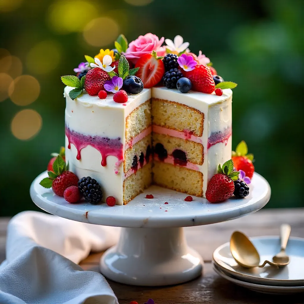 Artisanal berry-topped cake in soft golden light