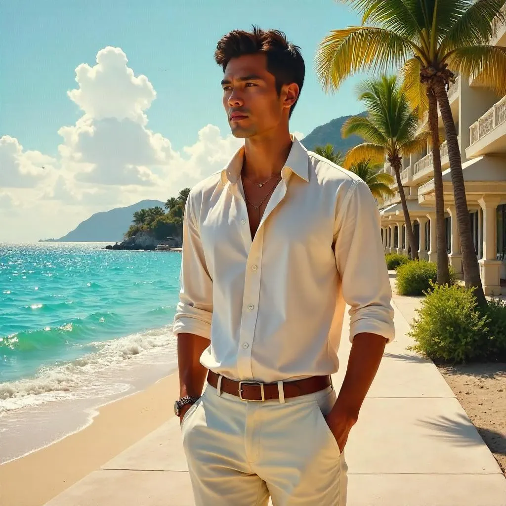 Confident Asian Man at a Beach Resort – Oil Painting