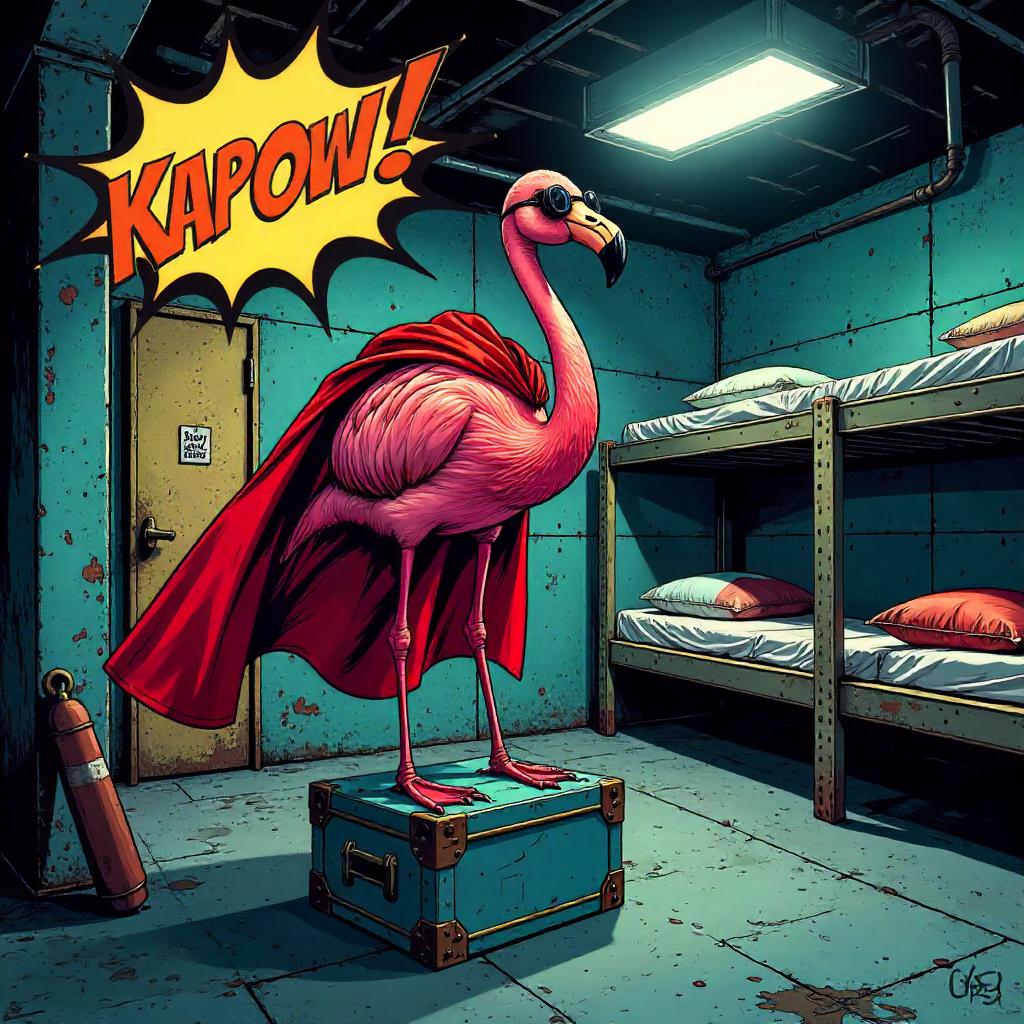 Flamingo Hero in a Bomb Shelter – Comic Book Splash