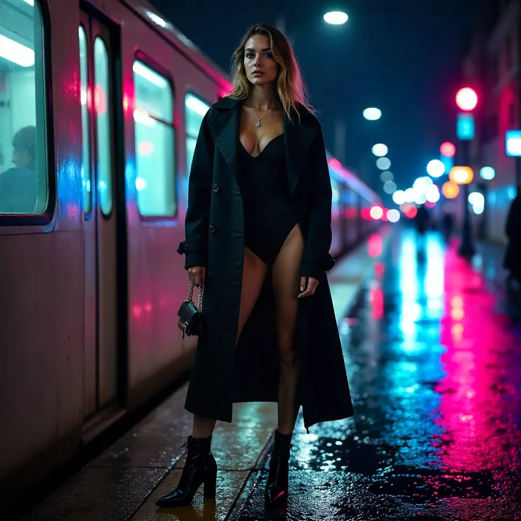 Night Subway Chic: Fashionable Pose