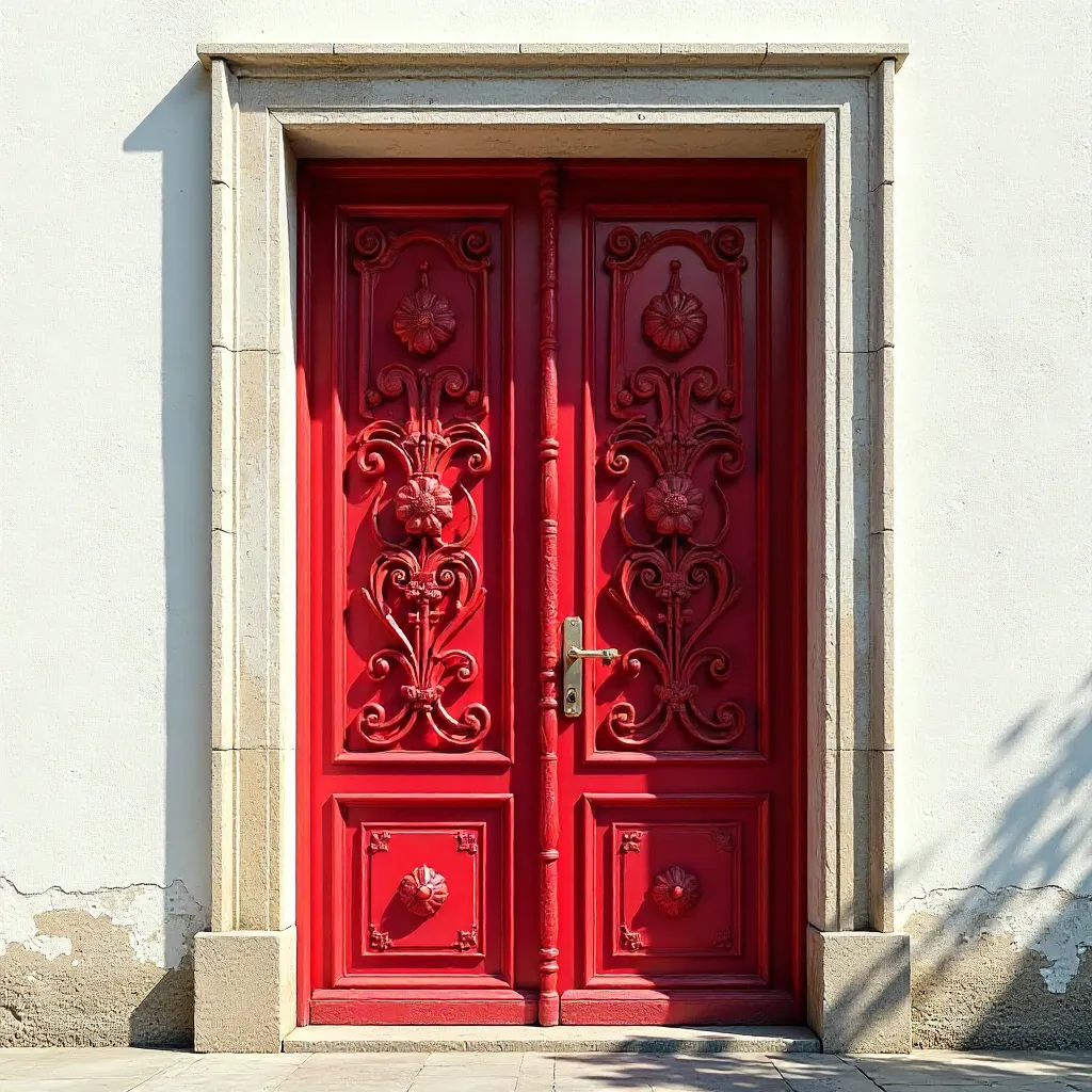 Striking Red Wrought Iron Door on White Wall